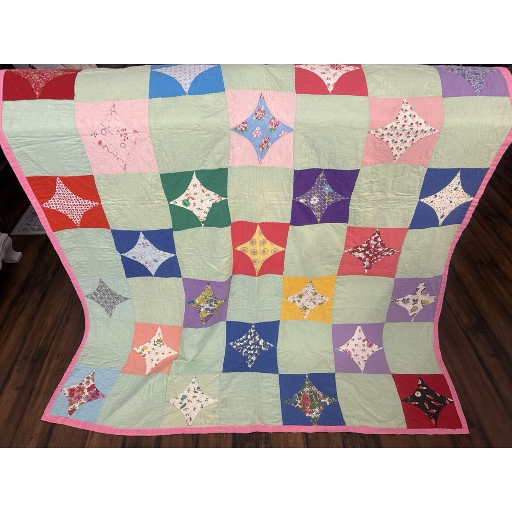 VTG Handmade Patchwork Quilt Diamond Floral Star Pattern Boho Farmhouse 60x74